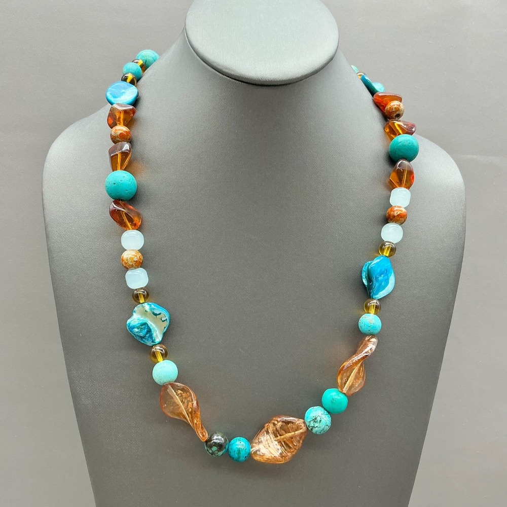 Necklace Turquoise Blue Amber Beaded Shell Gold Foil Long Boho Statement 30"